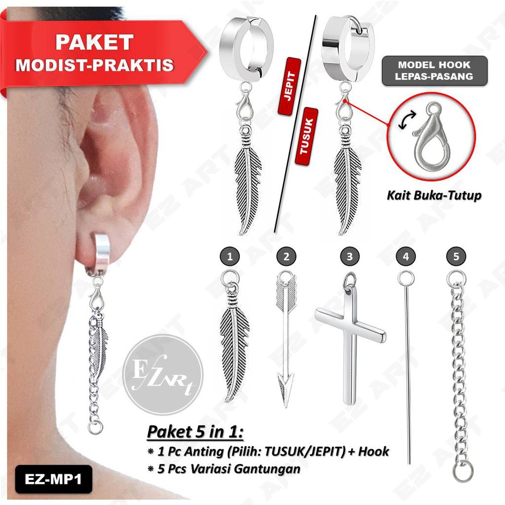 [PAKET 5 IN 1] ANTING TUSUK / JEPIT + 5 GANTUNGAN SALIB PANAH BULU STICK RANTAI PRIA WANITA EZ-MP1