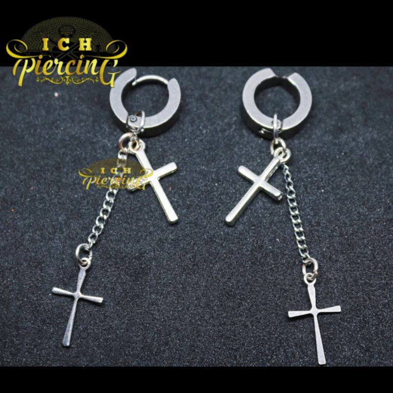 anting tindik dan jepit model salip dobel silver / anting tindik dan jepit silver titanium / DD-5 / ICH PIERCING