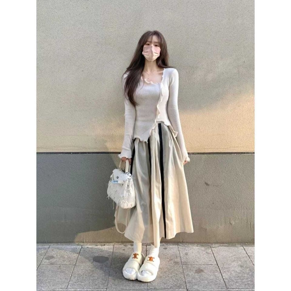 Suhao Desain Keinginan Murni Korea Mewarnai Desain Semi-Skirt Ribbed Kayu Telinga Slim Top Midi-Skirt