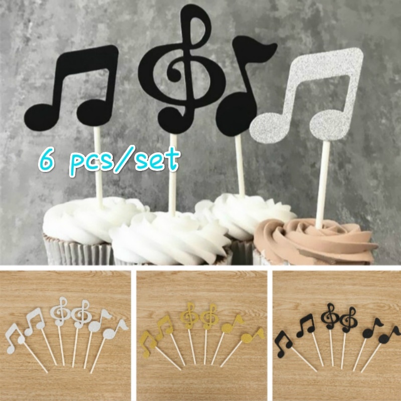 6 Pcs/lot Music Notes Themed Cupcake Topper Paper Cake Inserts Card Wedding Cake Decoration