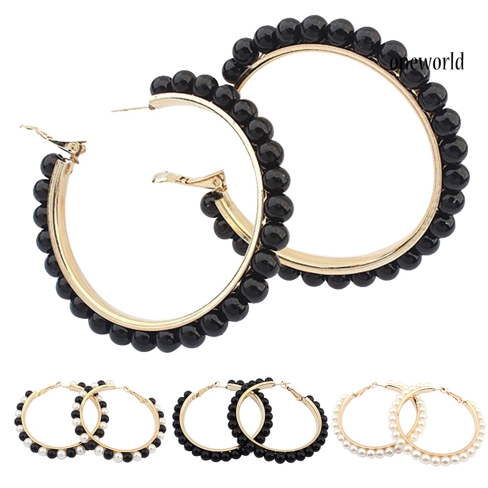 OW@ Fashion Women Faux Pearl Inlaid Large Circle Statement Hoop Earrings Jewelry