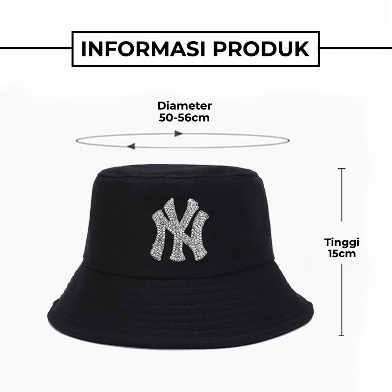 Bucket Hat Wanita Pria Korea Aksen Logo NY Kristal Bordir Fashion Hip Hop Trendy Kualitas terbaik BKAB