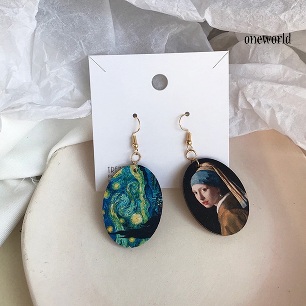 OW@ Women Oval Enamel Niche Oil Painting Asymmetrical Wooden Pendant Hook Earrings