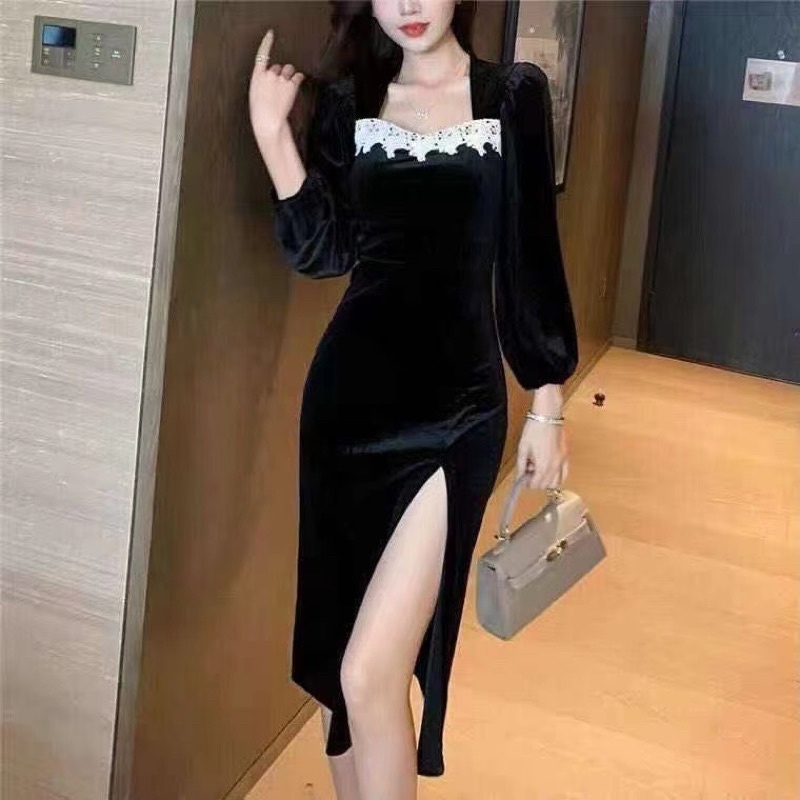 H7 D16/199 Korean midi dress velvet / dress bludru lengan panjang variasi brukat leher kotak belahan kiri