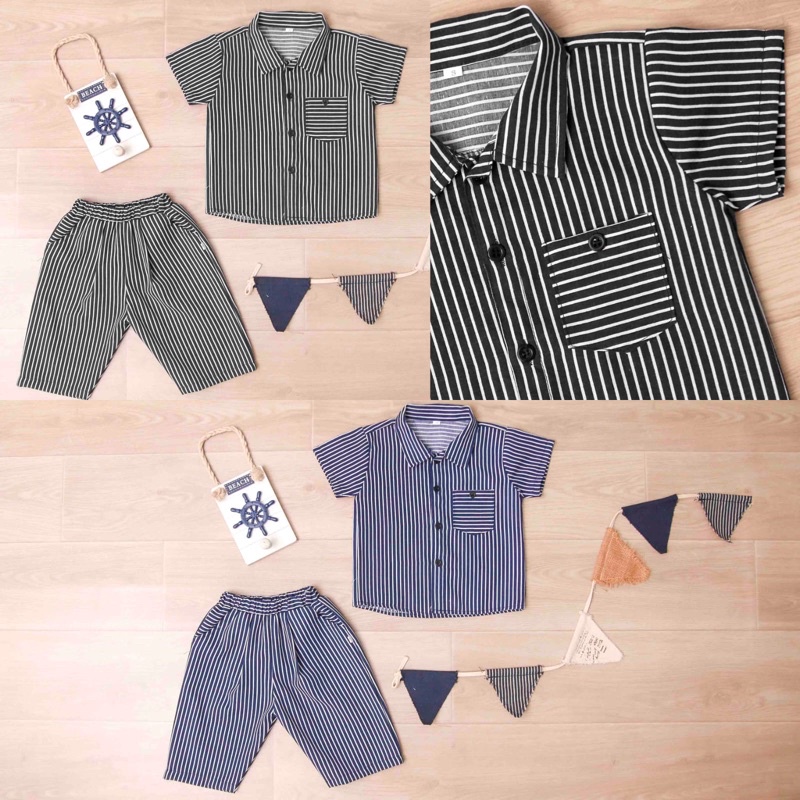 Jikialiang - SETELAN KEMEJA CELANA 7/8 SALUR ANAK LAKI LAKI &amp; PEREMPUAN ( UNISEX) USIA 1-6 TAHUN (SALUR HITAM)