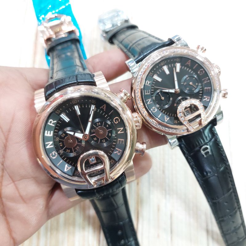 Aigner Bari A37500 dan Bari Donna A37200 Chronograph Aktif Strap Kulit Black