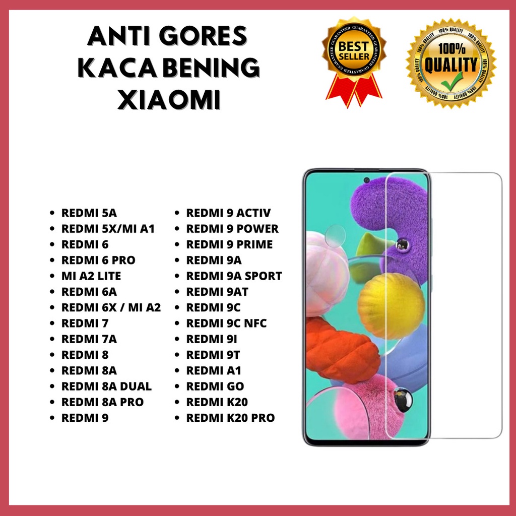 TEMPERED GLASS BENING - REDMI 5A-5X/MI A1-REDMI 6-6 PRO-MI A2 LITE-6A-6X/MI A2-REDMI 7-7A-MI 8-8A-8A DUAL-8A PRO-MI 9-9 ACTIV-9 POWER-9 PRIME-9A-9A SPORT-9AT-9C-9C NFC-9I-9T-A1-REDMI GO-K20-K20 PRO(HOKKY ACC)