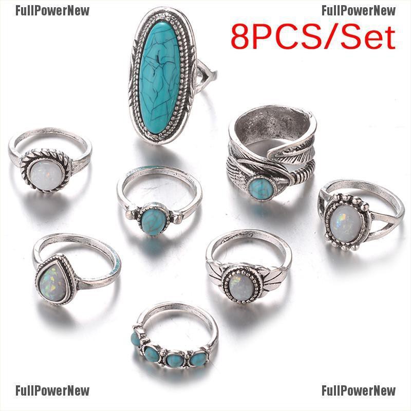 (FULL Jy) 8PCS / Set Cincin Gaya Bohemian Motif Geometri Aksen Turquoise + Opal Untuk Perhiasan Wanita / Pernikahan