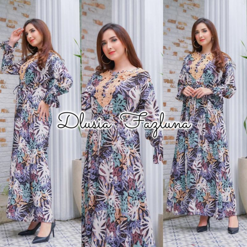 Daster arab Dlusia FAZLUNA Gamis Rayon Maxi Dress Rayon motif Renda Milo premium