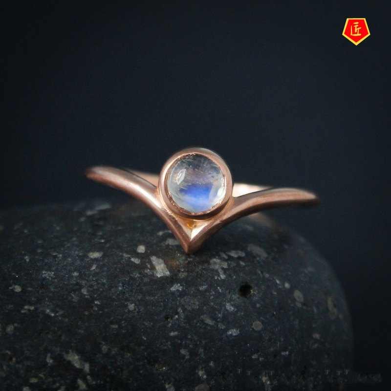 [Ready Stock]Creative round Moonstone Geometric Triangle Ring 14K Gold Personality