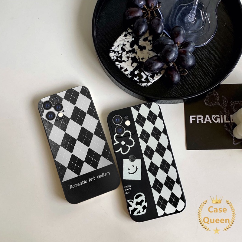 Straight Side Case Vivo Y15S Y20s G Y12A Y15A Y11s Y20A Y20G Y30G Y17 Y15 Y91 Y50 Y30 Y30I Y93 Y95 Y31 2021 Y53 Y51 Y12I Vivo Y21S Y21 2021 Y33S Y12 Y20S Y53S Y51A Y11 Y20 Y20I Y91C Simple Black White Lattice Smiling Flower Soft Tpu Cover