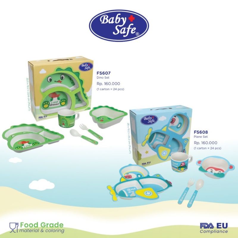 Baby Safe Dino Pesawat Feeding Set - Baby Safe Alat Makan Anak Bayi Lengkap Motif Dino &amp; Pesawat - Gift Newborn - Kado Anak Baru Lahir - Hempers lahiran