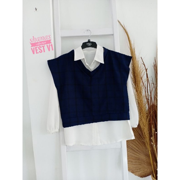 set kemeja vest kemeja rompi motif kotak vest korea