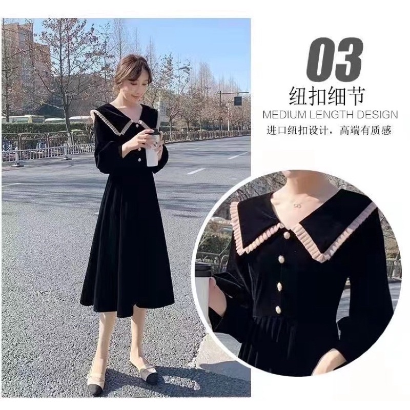 H7 D21/21 Korean velvet midi dress long sleeve import / gaun panjang beludru lengan panjang leher collar kancing / vintage dress