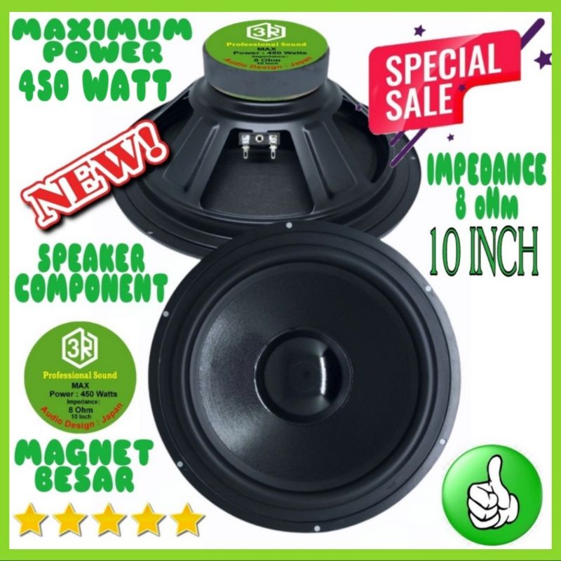 Speaker Component 3R 10 Inch Hitam Woofer Magnet Besar 450 Watt 8 Ohm