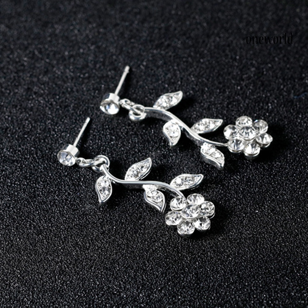 OW@ Women Rhinestone Leaves Flower Necklace Stud Earrings Wedding Bridal Jewelry Set