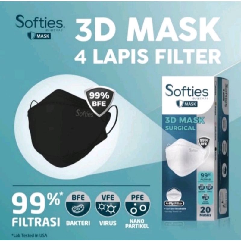 Softies Masker Surgical 3D 4 ply 1 box isi 20 pink,putih,hitam