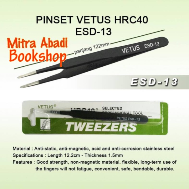 Pinset/Tweezer Vetus HRC40 ESD 12 ESD 13 ESD 15 Hitam