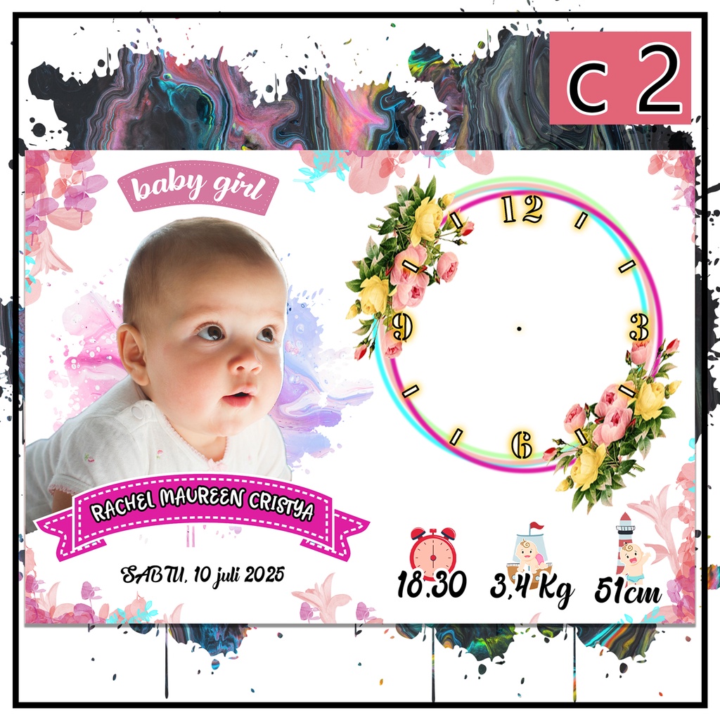 c 1-4 JAM DINDING CUSTOM BIO DATA BABY  bingkai picbox kado unik tema anak