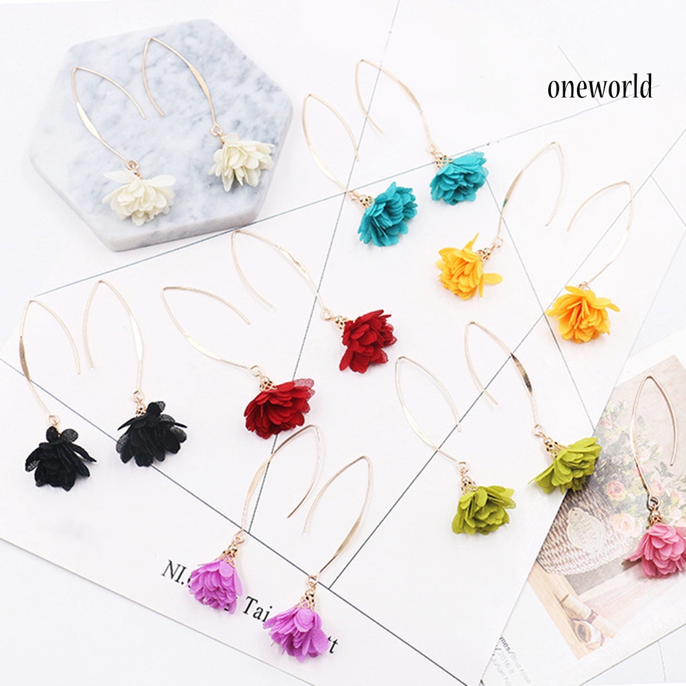 OW@ Women Long Dangle Flower Earrings Wedding Party Banquet Vintage Piercing Jewelry