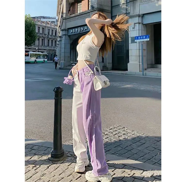 American high street hot girl ungu dan putih musim panas jahitan desain jins celana ceruk wanita sem