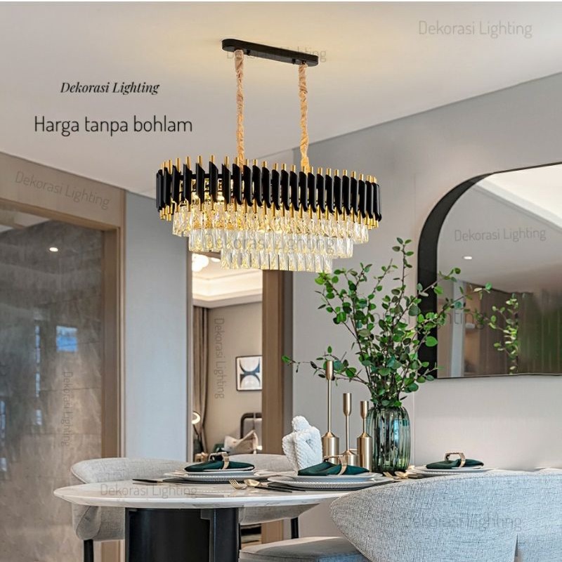 Lampu gantung kristal gold hitam panjang 100cm 15 lampu kristal 3 susun dekorasi