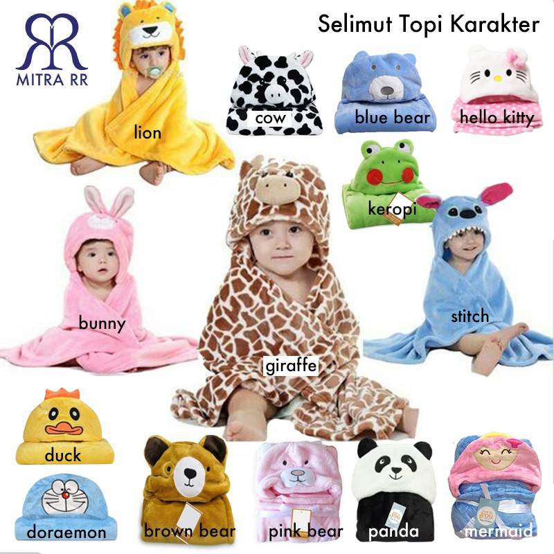 MitraRR Selimut Topi Bayi Karakter / Selimut Topi Bayi Boneka Fleece Carter Hooded Blanket