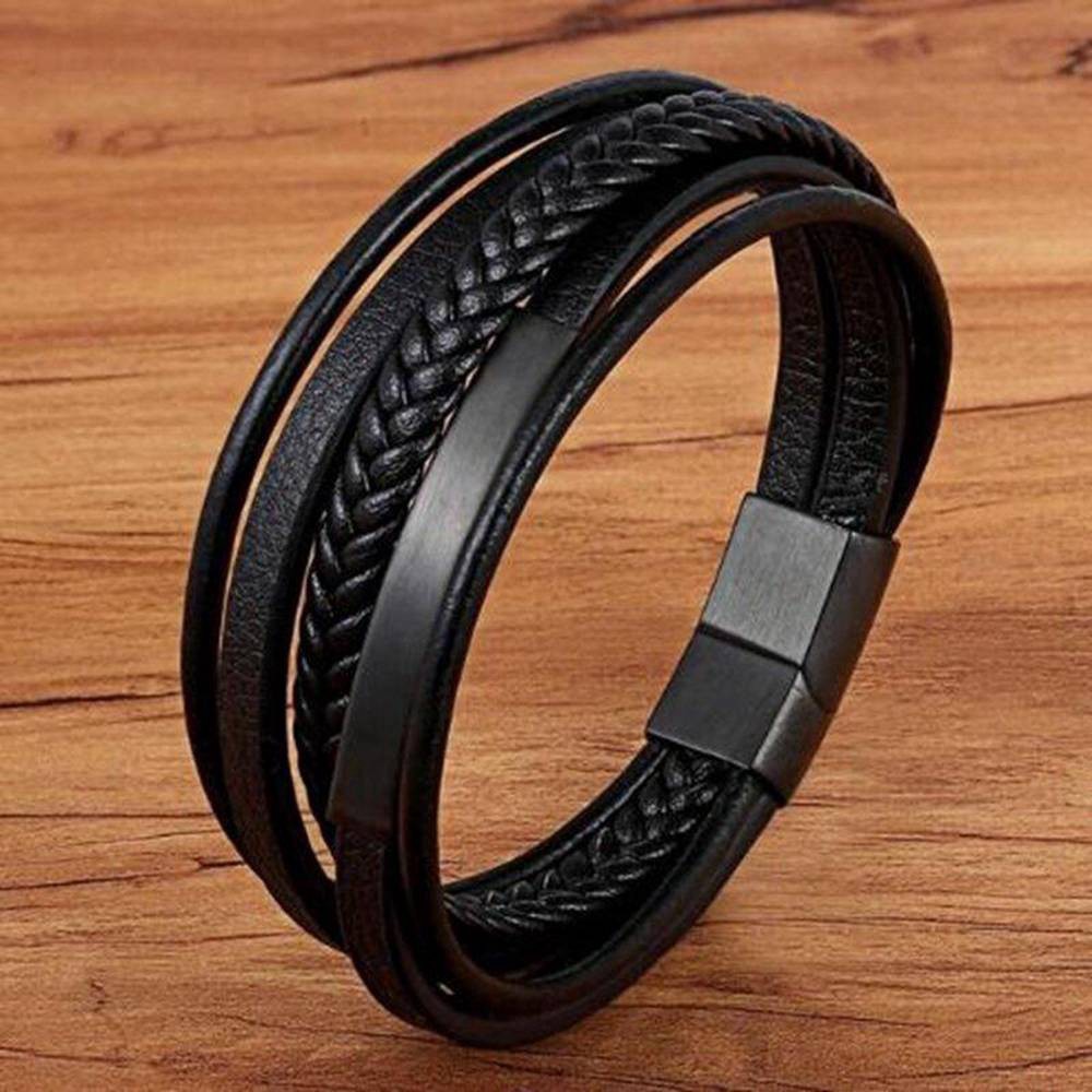 GELANG FASHION 5 LAYERS PRIA BRACELET KULIT LEATHER PREMIUM HITAM BLACK