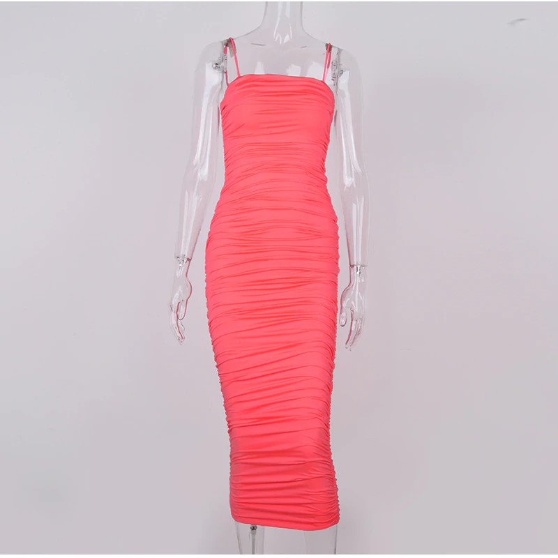 pink ruched maxi dress