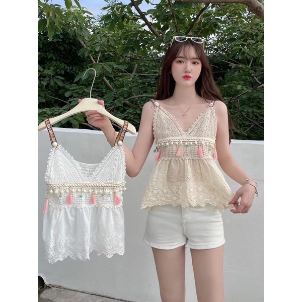 Baju Pantai sexy Tassel Bikini | T160 | Crochet Tanktop Rajut Pompom Woman Fashion Top Import Atasan Wanita