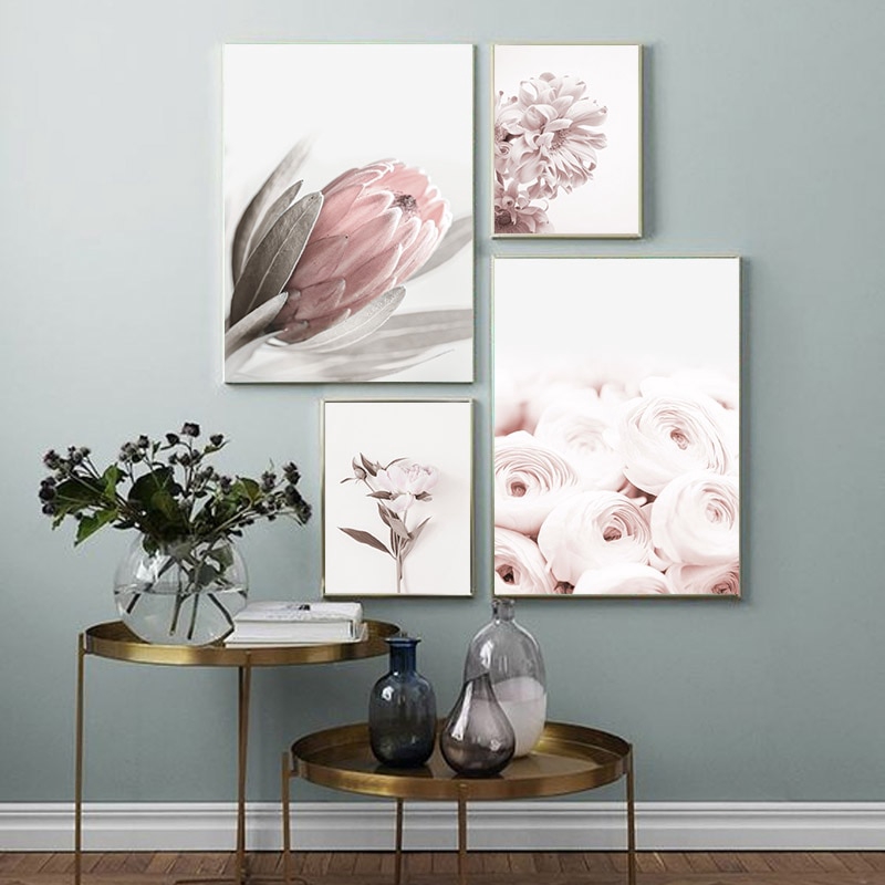 Pink Rose Flower Poster Scandinavian Nordic Botany Flower Canvas Prints Art Pictures Wall Paintings Home Decoration No Framed Shopee Indonesia