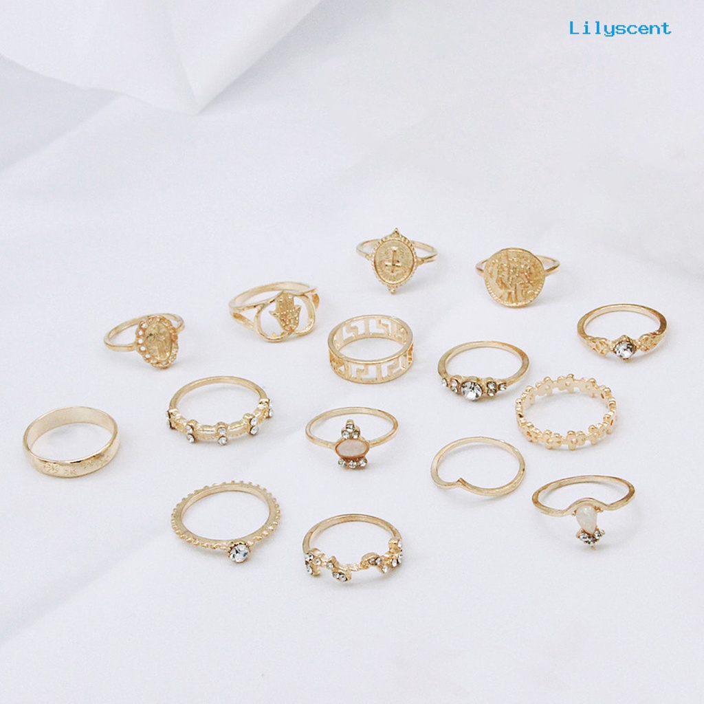 15 Pcs Cincin Knuckle Stackable Bahan Alloy Bentuk Hati Model Hollow