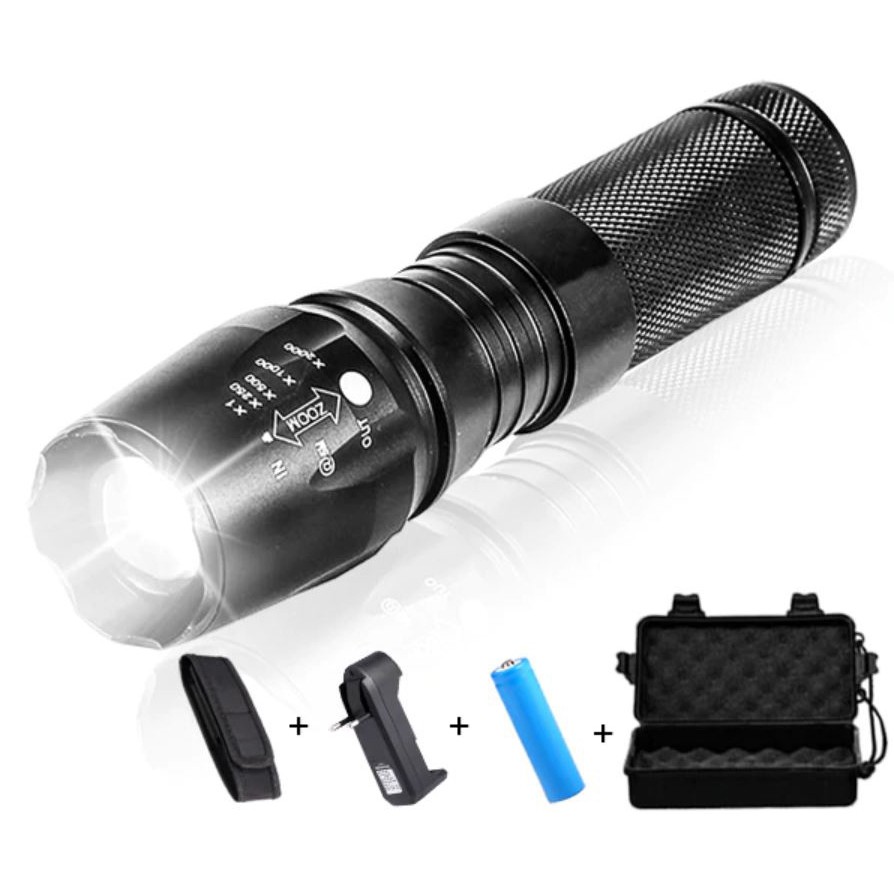 Senter Tactical LED Cree XML-T6 3000 Lumens + Baterai + Charger + Box