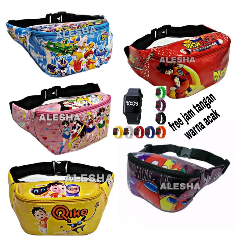 WAISTBAG anak laki laki dan perempuan karakter / Free jam tangan LED warna acak