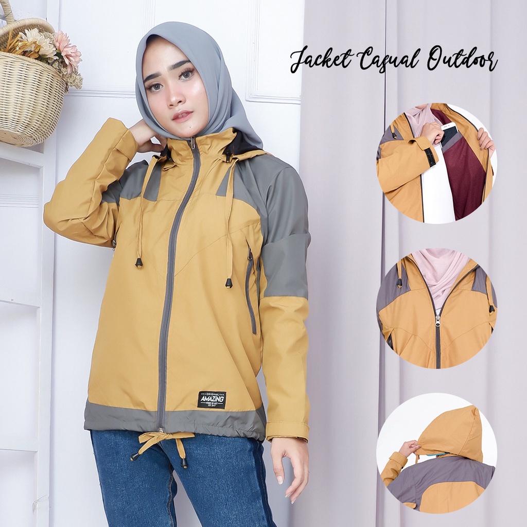 Justrue Jaket Gunung Wanita Waterproof Jaket Hiking Touring Adventure Kuning