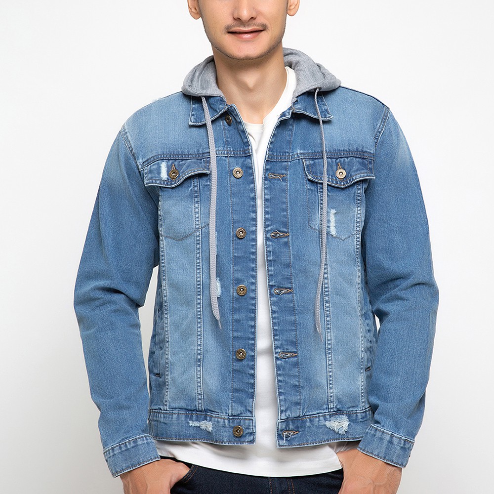 Nevada Jaket Denim Pria With Hoodie Knit Full Hangtag