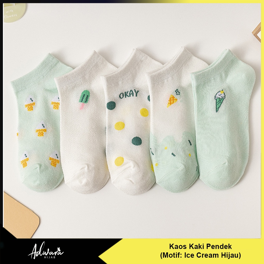 Kaos Kaki Pendek Wanita Motif Ice Cream Hijau Panjang Semata Kaki / Ankle Sock Import Fashion Style Korean KK-060