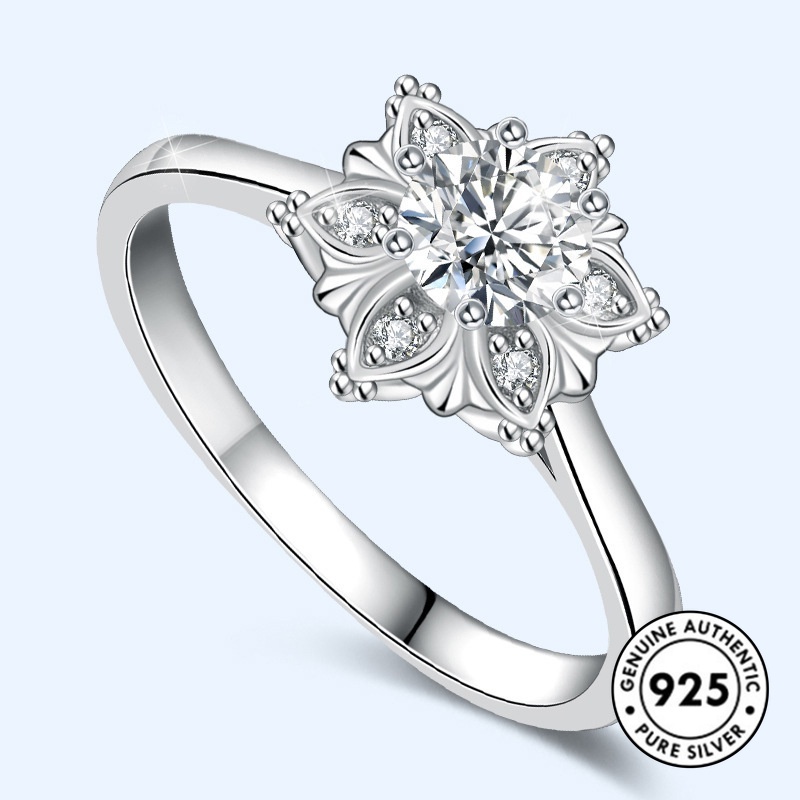 Cincin Sterling Silver 925 Model Terbuka Desain Bunga Hias Berlian Imitasi Elegan Untuk Wanita