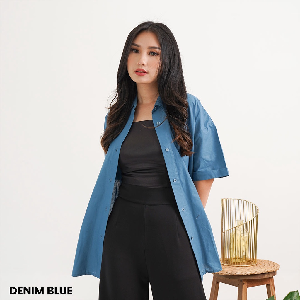 Kemeja Oversized Katun Lengan Pendek Pony Blouse Top Atasan Wanita