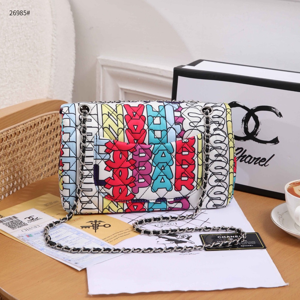 CH New Multi Color Rainbow Fabric Gold Leather Chain Shoulder Flap Bag 26985