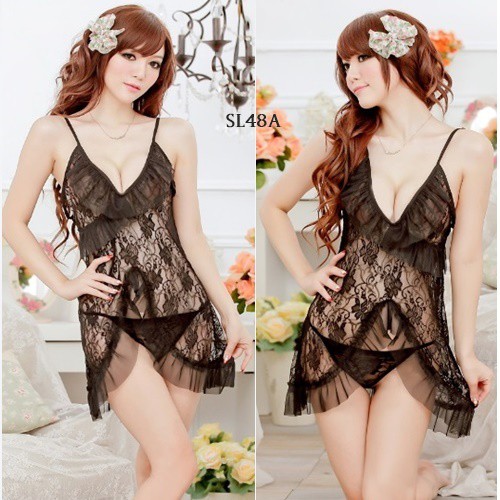 [PALING MURAH] NIGHT GOWN LINGERIE SEXY BAJU TIDUR WANITA BROKAT HITAM SL48A