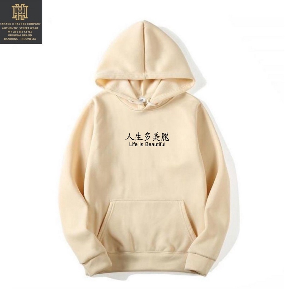 Hoodie pria original HANACO sweater pria cream sablon LIFE IS BEAUTIFUL musim dingin switer hodie unisex bahan flecee swater cowo terbaru 2021 JAKET Pria  wanita dewasa Hoodie bigsize M L XL XXL  JUMPER aesthetic  jepang style sweater hoodie casual