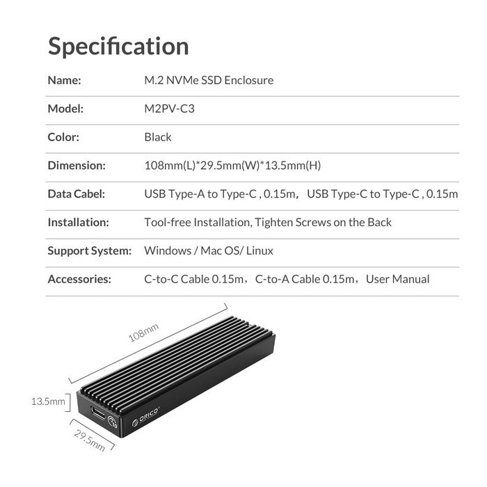 ORICO M2PV-C3 M.2 NVMe SSD Enclosure