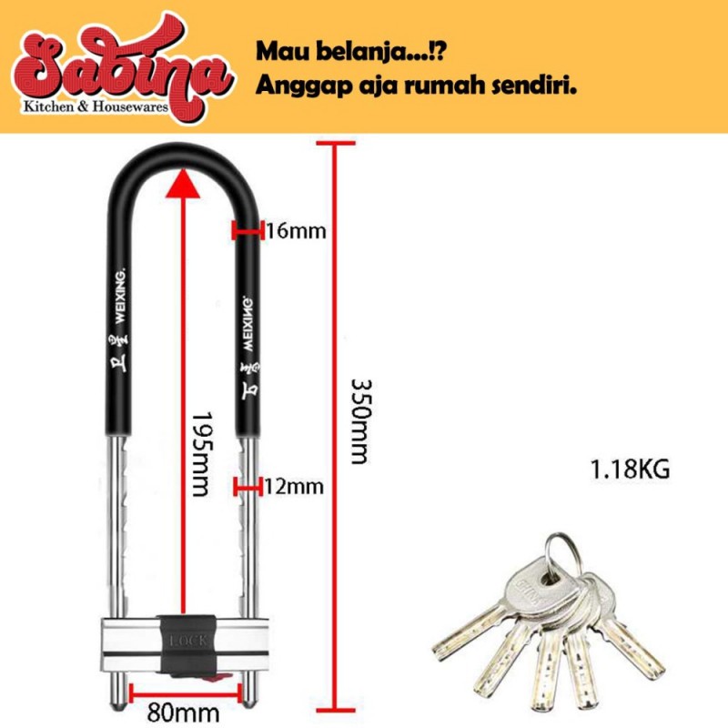 Gembok Panjang Velg Ban Sepeda Motor Rumah Anti Maling U Lock MEIXING
