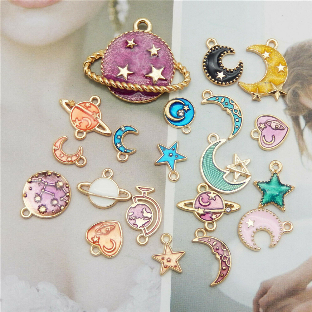 20PCS Enamel Charms Mixed Planet Star Crescent Moon Zinc Alloy Gold Tone Pendant Bracelet Jewelry Making