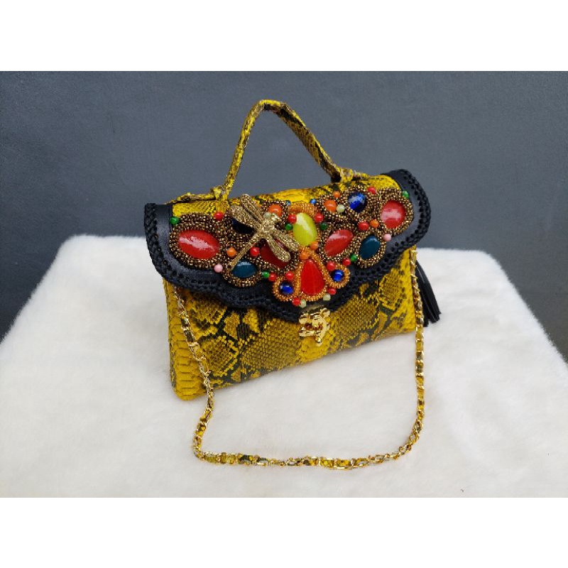 Clutch Pesta Maia Size S Warna Kuning - Cluth Model Awan Asli Tas Kulit Ular Phiton- Tas Pesta Kulit