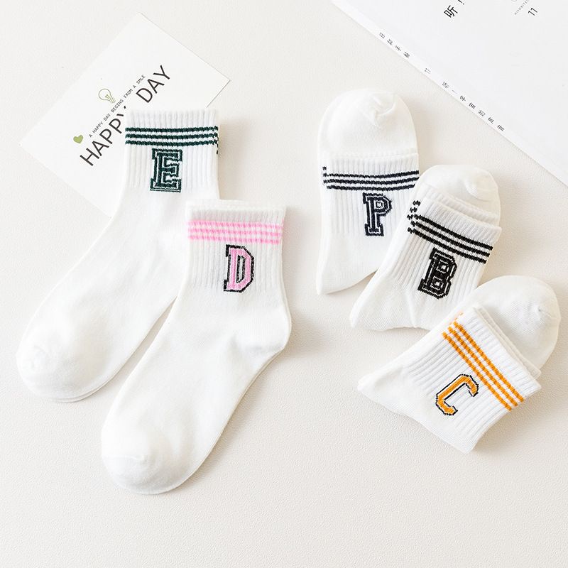 [littlecrab] Kaos Kaki Huruf E D P B C Cute Alphabet Women Socks Kaos Kaki Putih Soft Lembut Simple Berkualitas Kaos Kaki Lucu High Quality Kaos Kaki Panjang Korean Style