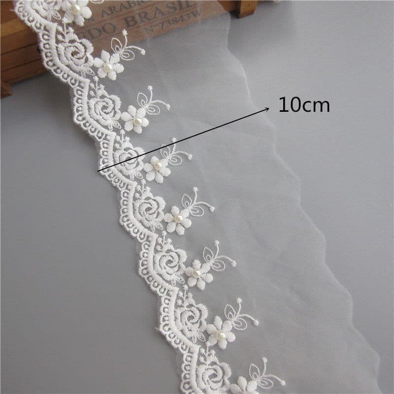 Cotton Net Mesh Embroidered Lace - Floral Pearl 10cmx0.5Yard