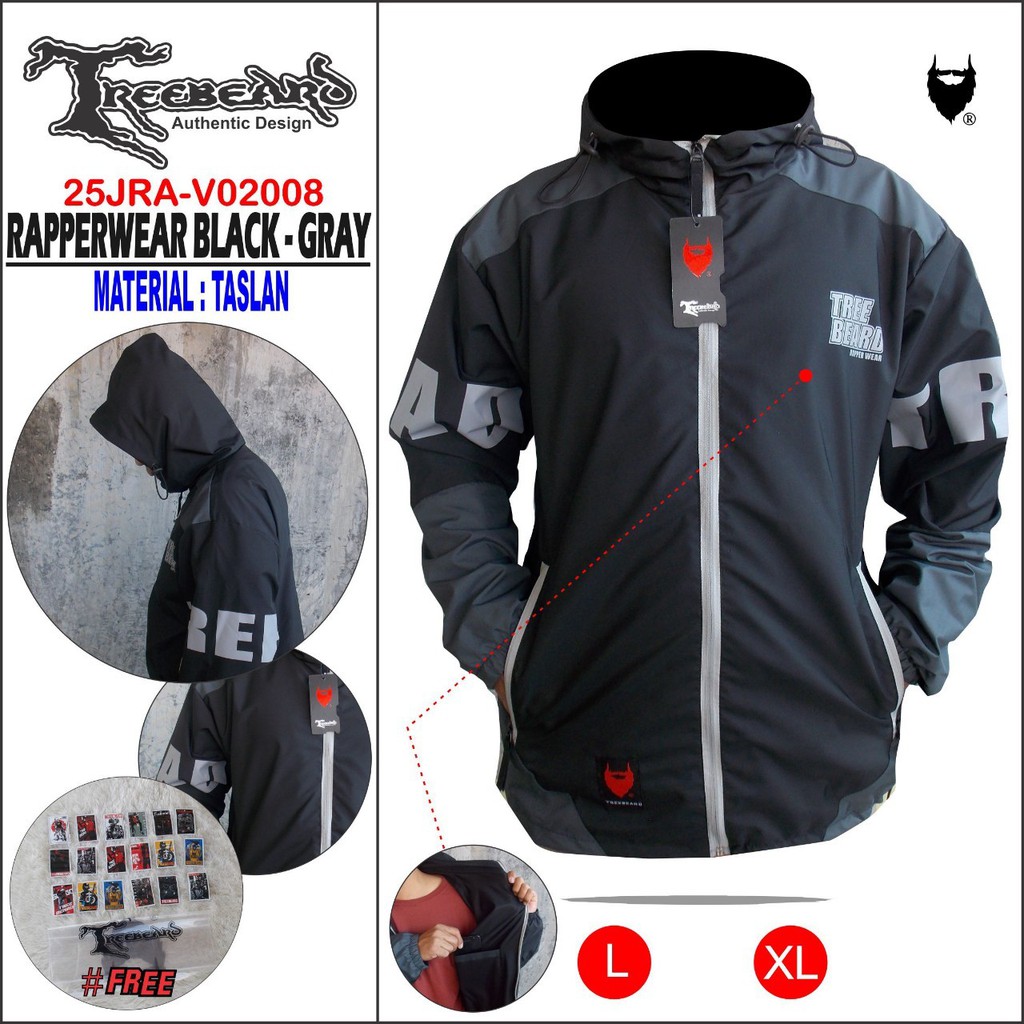 AKN- JAKET HOODIE PRIA ANTI AIR / JAKET PARASUT PRIA OUTDOR WATERPROOF RAPPERWEAR ORIGINAL TREEBEARD-RA- BLACK  GRAY