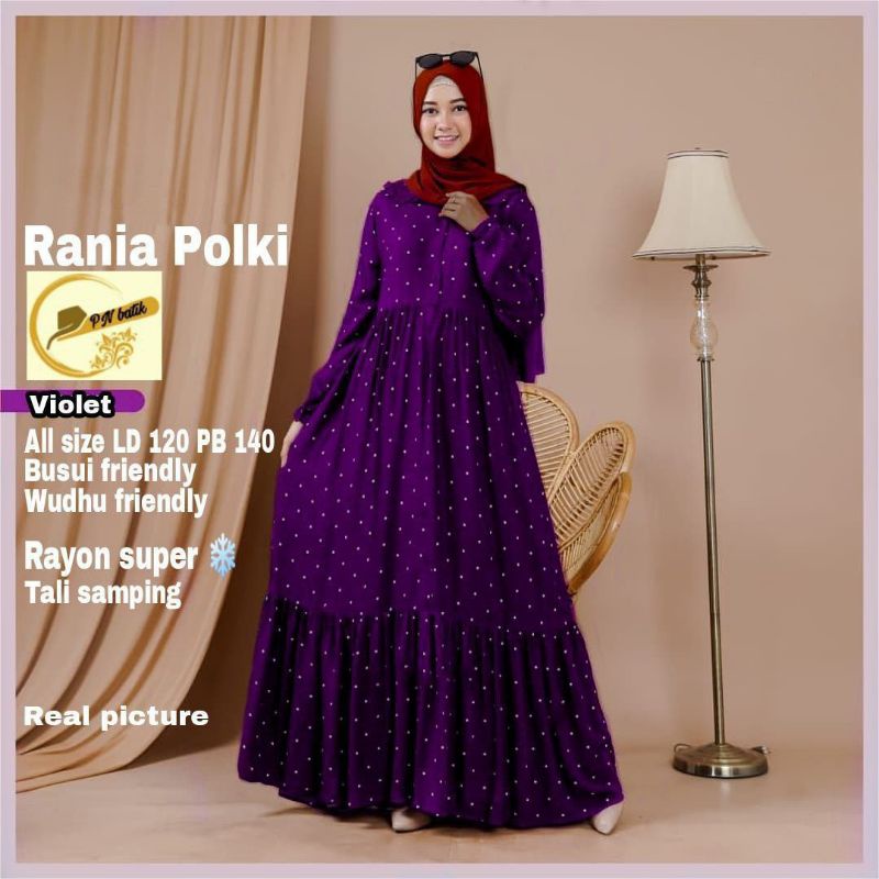 PN RANIA POLKI DRESS RUFFLE SUSUN MOTIF POLKADOT BIG SIZE JUMBO LD 120 WARNA UNGU VIOLET TERONG TUA 